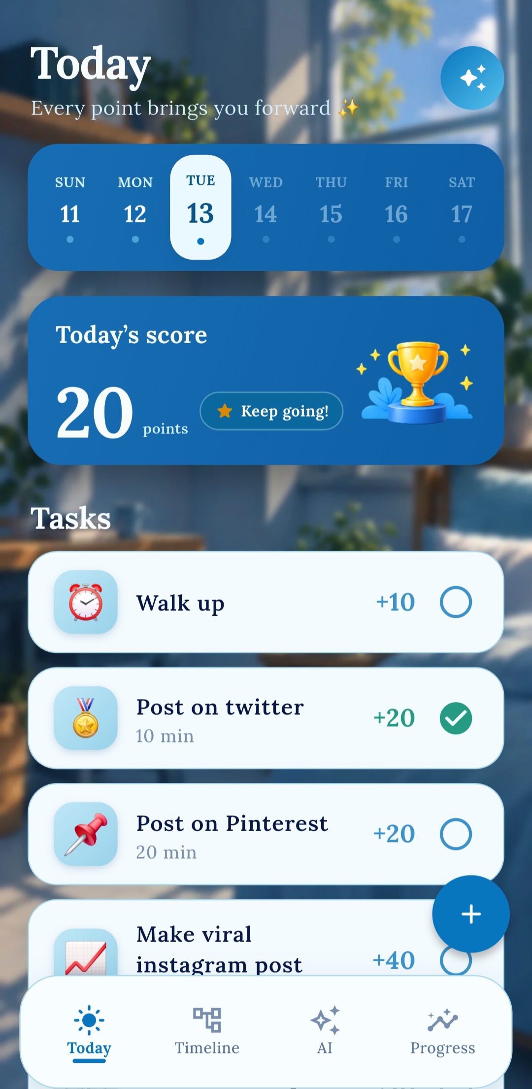 In Order Today screen showing the weekly calendar, score, and task list
